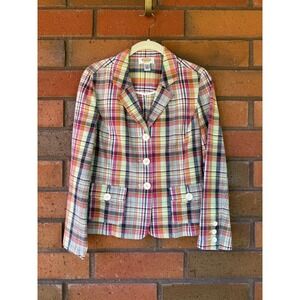 Talbots Plaid Jacket Button Up Blazer‎ Work Cotton Flax | Womens Petite Size 4